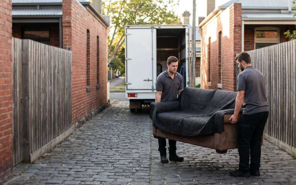 Removalists carrying wrapped furniture through a bluestone laneway in Brunswick, Melbourne inner north